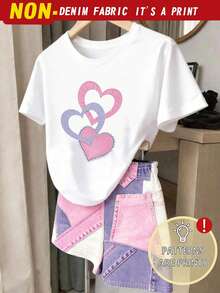 Tween Girls Digital Diamond Pattern Short Sleeve & Shorts Set, Casual Comfortable Autumn/Winter Outfit,Back To Schoo,Holidays,Colorful - White - View 3
