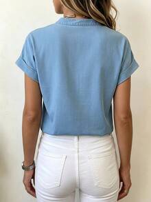 EMERY ROSE Women's V-Neck Single-Breasted Casual Everyday Denim Blouse Work Everyday Light Blue Summer - Blue - View 2
