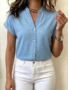 EMERY ROSE Women's V-Neck Single-Breasted Casual Everyday Denim Blouse Work Everyday Light Blue Summer - Blue - View 1