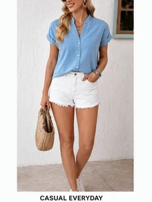 EMERY ROSE Women's V-Neck Single-Breasted Casual Everyday Denim Blouse Work Everyday Light Blue Summer - Blue - View 3
