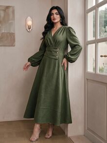 Modelyn 大尺碼女款純綠色重疊V領燈籠袖優雅洋裝 - 墨綠色 - 查看 7