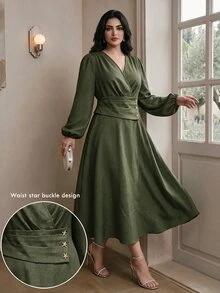 Modelyn 大尺碼女款純綠色重疊V領燈籠袖優雅洋裝 - 墨綠色 - 查看 3