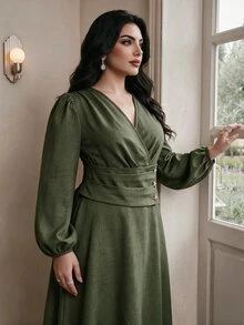 Modelyn 大尺碼女款純綠色重疊V領燈籠袖優雅洋裝 - 墨綠色 - 查看 5