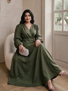 Modelyn 大尺碼女款純綠色重疊V領燈籠袖優雅洋裝 - 墨綠色 - 查看 1