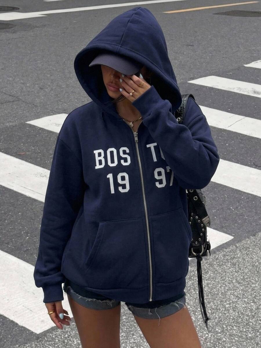 青少年女孩字母印花長袖拉鍊連帽衛衣 秋季款 - 藏蓝色 - 查看 1