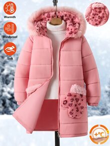 SHEIN 青少年女孩加厚外套，粉色，休閒版型，秋冬保暖，時尚百搭，冬季，抓絨內裡，連帽，秋季，拉鍊，舒適，純色，極簡風 - 藕粉色 - 查看 3