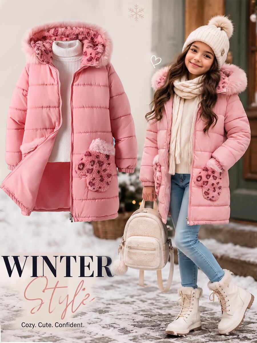 SHEIN 青少年女孩加厚外套,粉色,休閒版型,秋冬保暖,時尚百搭,冬季,抓絨內裡,連帽,秋季,拉鍊,舒適,純色,極簡風 - 藕粉色 - 查看 1