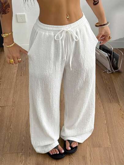 Coolane Women'sAll-Season Fall Country Music Festival Outing Bohemian Beach Vacation All-Match Minimalist Textured White Comfortable Long Pants With Curved Hem