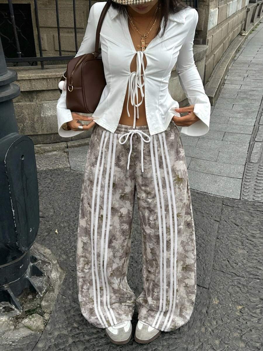 Coolane 女款抽繩腰拼色休閒百搭日常穿著寬腿長褲
