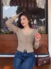 Serisse Women's Lace Patchwork Front Button Knit Top Everyday Date Daytime Pink And White Autumn French Elegant - Apricot - View 10