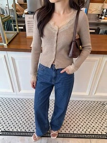 Serisse Women's Lace Patchwork Front Button Knit Top Everyday Date Daytime Pink And White Autumn French Elegant - Apricot - View 8