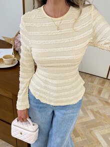 Serisse 女款秋季休閒純色紋理T恤 - 杏色 - 查看 5