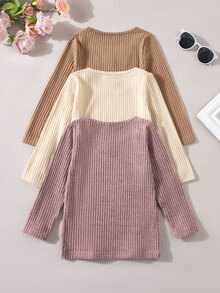 SHEIN 女童春秋羅紋圓領長袖T恤3件組，熱銷新款日常經典休閒舒適時尚寬鬆版型，純色極簡長袖上衣，適合旅行與動態穿搭，豆沙粉、杏色、棕色圓領三色可選，簡約基礎必備日常上衣 - 彩色 - 查看 4