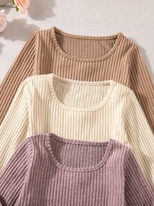SHEIN 女童春秋羅紋圓領長袖T恤3件組，熱銷新款日常經典休閒舒適時尚寬鬆版型，純色極簡長袖上衣，適合旅行與動態穿搭，豆沙粉、杏色、棕色圓領三色可選，簡約基礎必備日常上衣 - 彩色 - 查看 7
