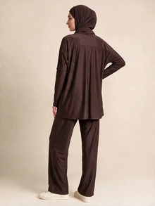 SHEIN Sports Setelan Baju Renang 2 Potong Fashion Mewah Terbaru Musim Semi/Panas Wanita dengan Jilbab - Coffee Brown - View 3