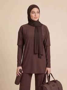 SHEIN Sports Setelan Baju Renang 2 Potong Fashion Mewah Terbaru Musim Semi/Panas Wanita dengan Jilbab - Coffee Brown - View 9