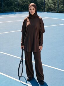 SHEIN Sports Setelan Baju Renang 2 Potong Fashion Mewah Terbaru Musim Semi/Panas Wanita dengan Jilbab - Coffee Brown - View 5