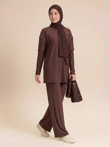 SHEIN Sports Setelan Baju Renang 2 Potong Fashion Mewah Terbaru Musim Semi/Panas Wanita dengan Jilbab - Coffee Brown - View 7