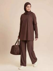 SHEIN Sports Setelan Baju Renang 2 Potong Fashion Mewah Terbaru Musim Semi/Panas Wanita dengan Jilbab - Coffee Brown - View 8