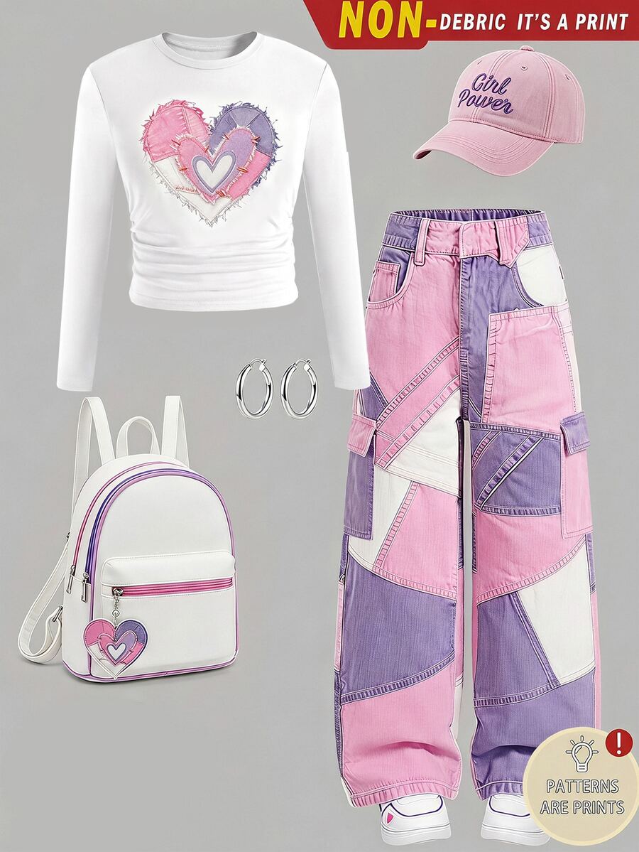 SHEIN Sparklyn 2件組愛心仿牛仔拼接數位印花長袖收腰上衣與直筒工裝褲 - 紫色 - 查看 1
