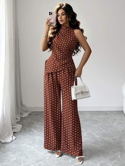 SHEIN Raffinéa Women's Brown Polka-Dot Two-Piece Set: Slim-Fit Asymmetric Hem Tank Top & Loose Wide-Leg Pants – An Elegant, Relaxed Outfit For Summer Vacations