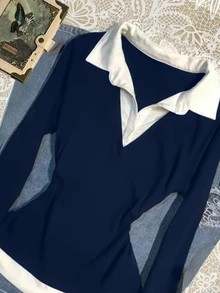 IslaSuriya Women's Casual Colorblock Patchwork Top, Autumn - Navy Blue - View 2