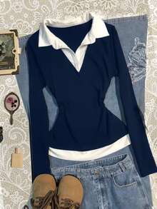 IslaSuriya Women's Casual Colorblock Patchwork Top, Autumn - Navy Blue - View 4