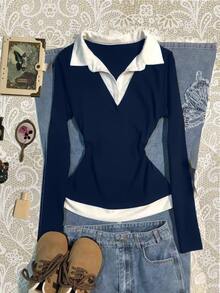 IslaSuriya Women's Casual Colorblock Patchwork Top, Autumn - Navy Blue - View 1