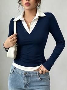 IslaSuriya Women's Casual Colorblock Patchwork Top, Autumn - Navy Blue - View 5