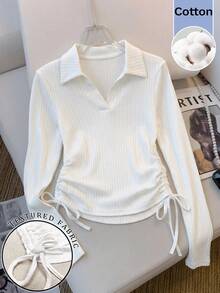 SHEIN 青少年女孩羅紋長袖 Polo 領 T 恤 - 白色 - 查看 2
