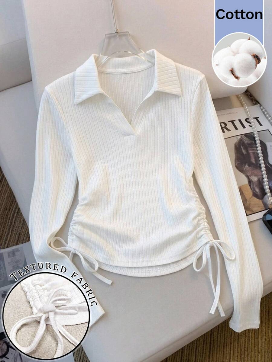 SHEIN Tween Girl Tween Girls Ribbed Long Sleeve Polo Neck T-Shirts - White - View 1