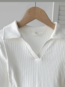 SHEIN 青少年女孩羅紋長袖 Polo 領 T 恤 - 白色 - 查看 4