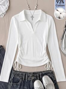 SHEIN 青少年女孩羅紋長袖 Polo 領 T 恤 - 白色 - 查看 3
