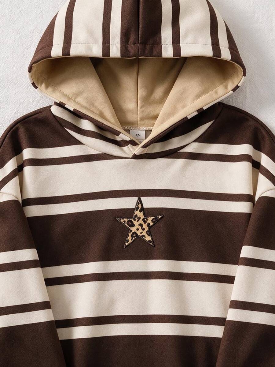 SHEIN Knitted Striped Hooded Star Pattern Print Fuzzy Sweatshirt, Brown Autumn Casual School Girl - Multicolor - View 1