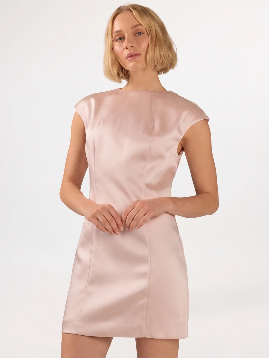 KÆRIA Hus Cap Sleeve Shift Mini Dress - Compact Structured Satin - Pink, Party, Date, Chic Minimalist, Elegant, Feminine Wedding Summer Wedding, Y2k, Cute, Chic - Pink - View 1