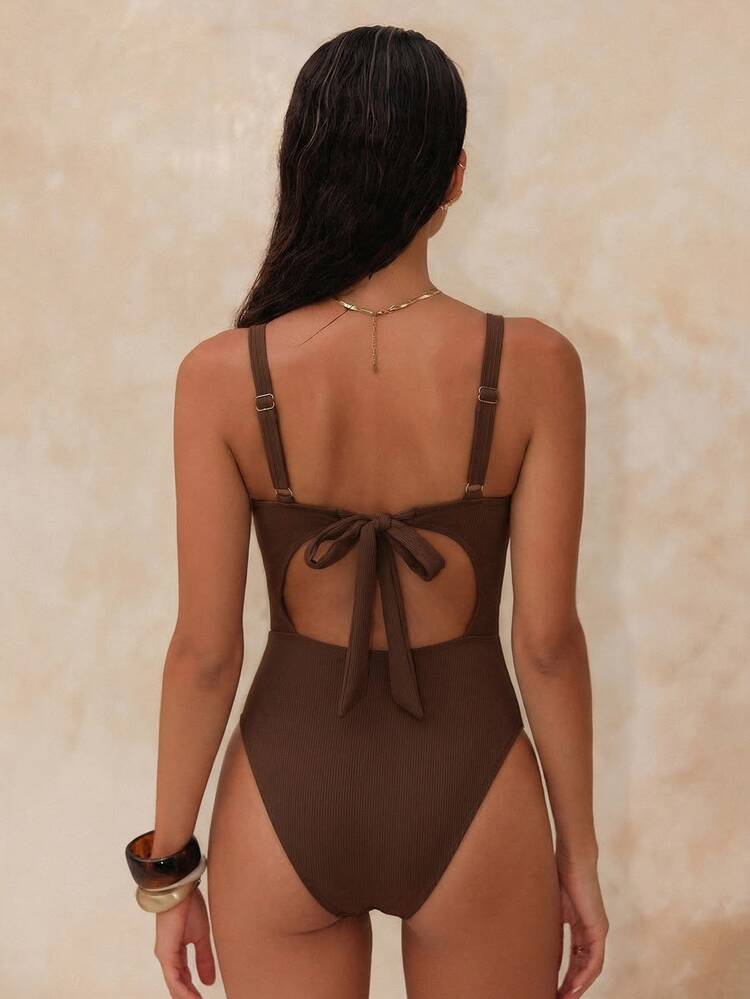 Swim Chiccia بدلة سباحة قطعة واحدة للنساء للصيف، لون أحادي، قماش مضلع، حمالات سميكة، رقبة على شكل حرف V عميق، خصر مطوي، ربطة خلفية، مرن، مريح، للاستخدام اليومي والعطلات - بني - مشاهدة 2