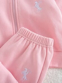 SHEIN 2件組女孩秋冬服飾 L號，包含一件中磅針織連帽拉鍊外套與寬鬆寬腿長褲 - 淺粉色 - 查看 8