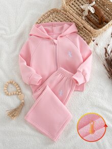 SHEIN 2件組女孩秋冬服飾 L號，包含一件中磅針織連帽拉鍊外套與寬鬆寬腿長褲 - 淺粉色 - 查看 3