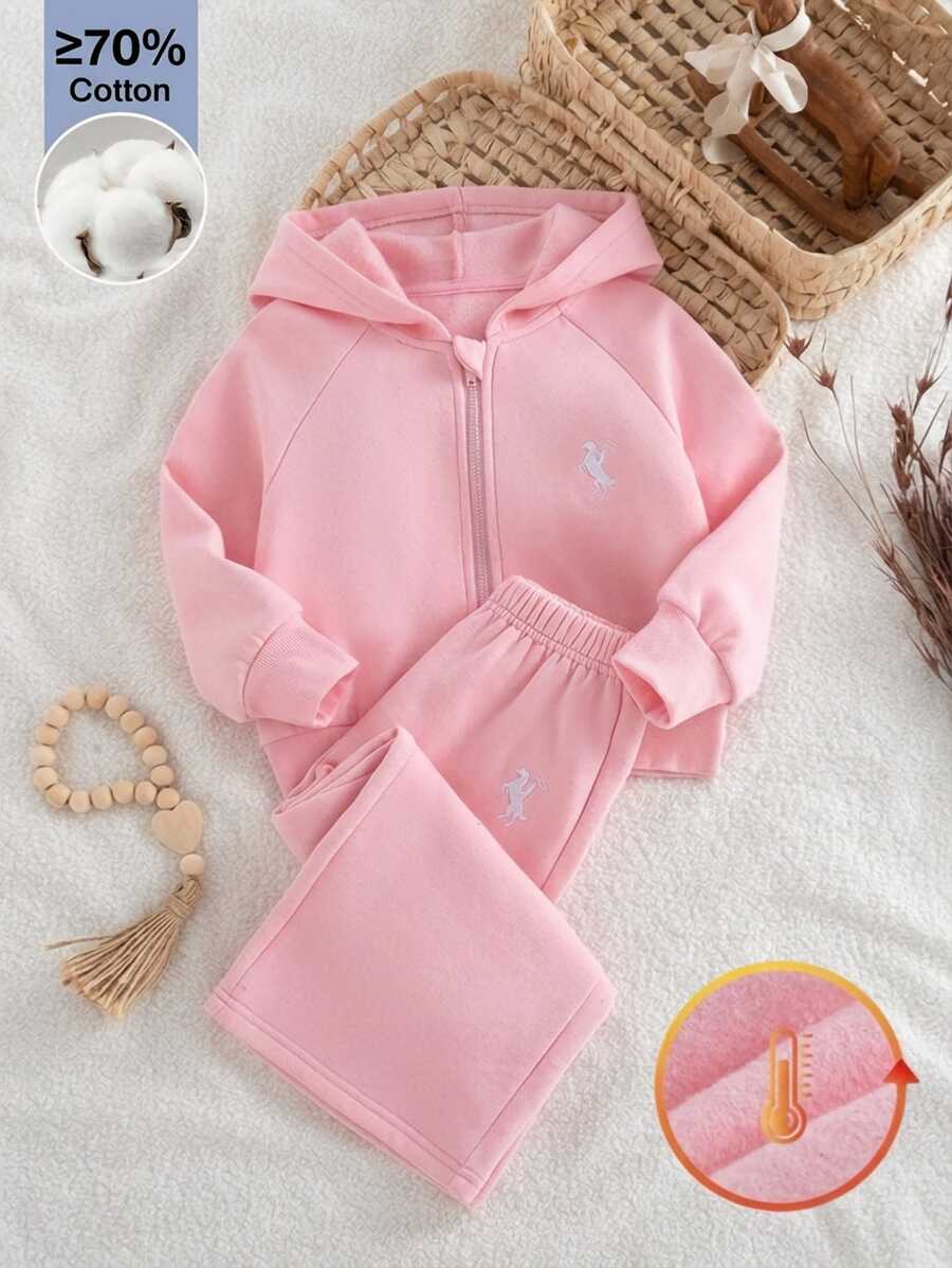 SHEIN 2件組女孩秋冬服飾 L號，包含一件中磅針織連帽拉鍊外套與寬鬆寬腿長褲