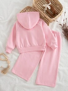 SHEIN 2件組女孩秋冬服飾 L號，包含一件中磅針織連帽拉鍊外套與寬鬆寬腿長褲 - 淺粉色 - 查看 4