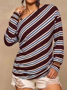 Freevana Plus Striped Print Asymmetrical Neck Tee Fall - Multicolor - View 2