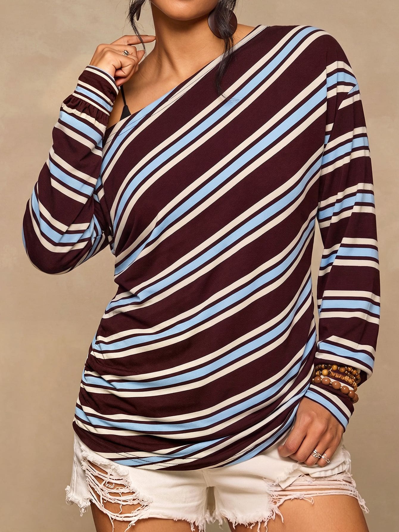 Freevana Plus Striped Print Asymmetrical Neck Tee Fall - Multicolor - View 1
