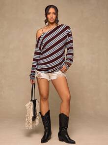 Freevana Plus Striped Print Asymmetrical Neck Tee Fall - Multicolor - View 7