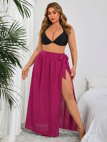 SHEIN Swim Curve 女款大尺碼蝴蝶結前開衩休閒度假罩裙 - 玫紅色 - 查看 4