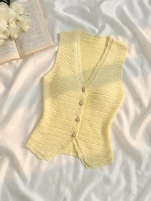 Skyraze 女款純色V領單排扣優雅針織開襟背心 - 淡黃色 - 查看 6