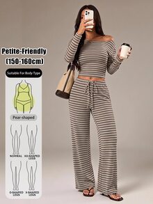 SHEIN PETITE Women's Striped Long Sleeve T-Shirt And Pants Casual 2 Pieces Set - Brown - View 12