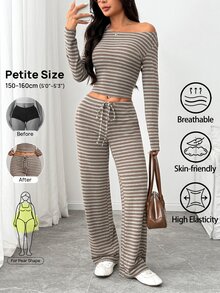 SHEIN PETITE Women's Striped Long Sleeve T-Shirt And Pants Casual 2 Pieces Set - Brown - View 5