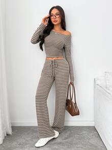 SHEIN PETITE Women's Striped Long Sleeve T-Shirt And Pants Casual 2 Pieces Set - Brown - View 7