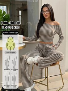 SHEIN PETITE Women's Striped Long Sleeve T-Shirt And Pants Casual 2 Pieces Set - Brown - View 13