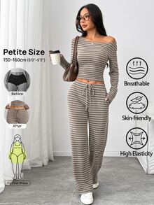 SHEIN PETITE Women's Striped Long Sleeve T-Shirt And Pants Casual 2 Pieces Set - Brown - View 4